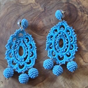 J. Crew Beaded Ball Embroidered Fabric Dangle Large Pierced Earrings Blue Large